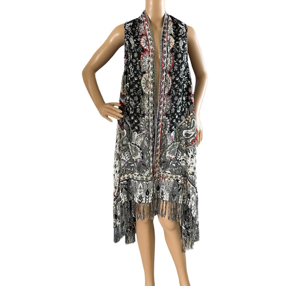 Soft Surroundings Embroidered Open Front Cardigan Fringe